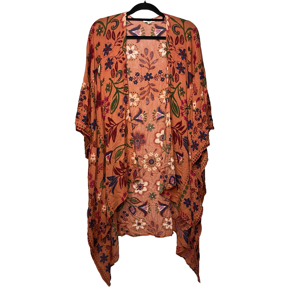 Easel Floral Kimono Top Topper Women's Medium Orange Boho Midi Flowy Prairie